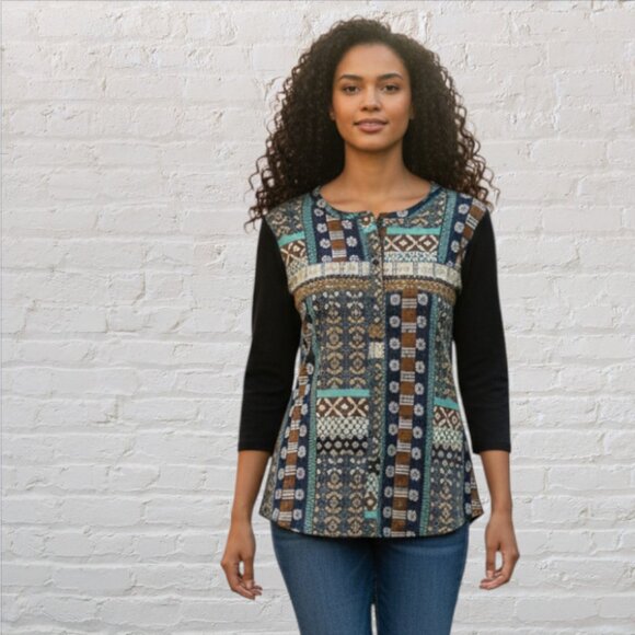 Van Heusen Tops - VAN HEUSEN -- Blouse, Multi-Colored, 3/4 Sleeve, Button Down with Boat Neck